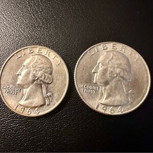 1964 Silver Washington Quarters 90% Silver • Lot of 2 • Vintage US Coins